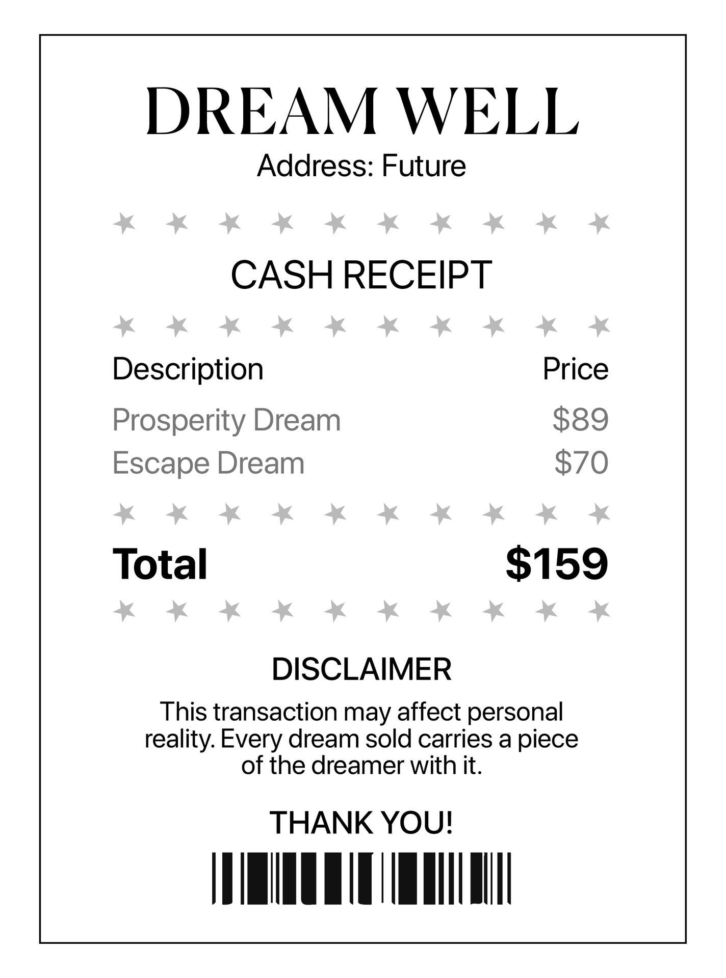 The transaction receipt with cautionary psychological disclaimer