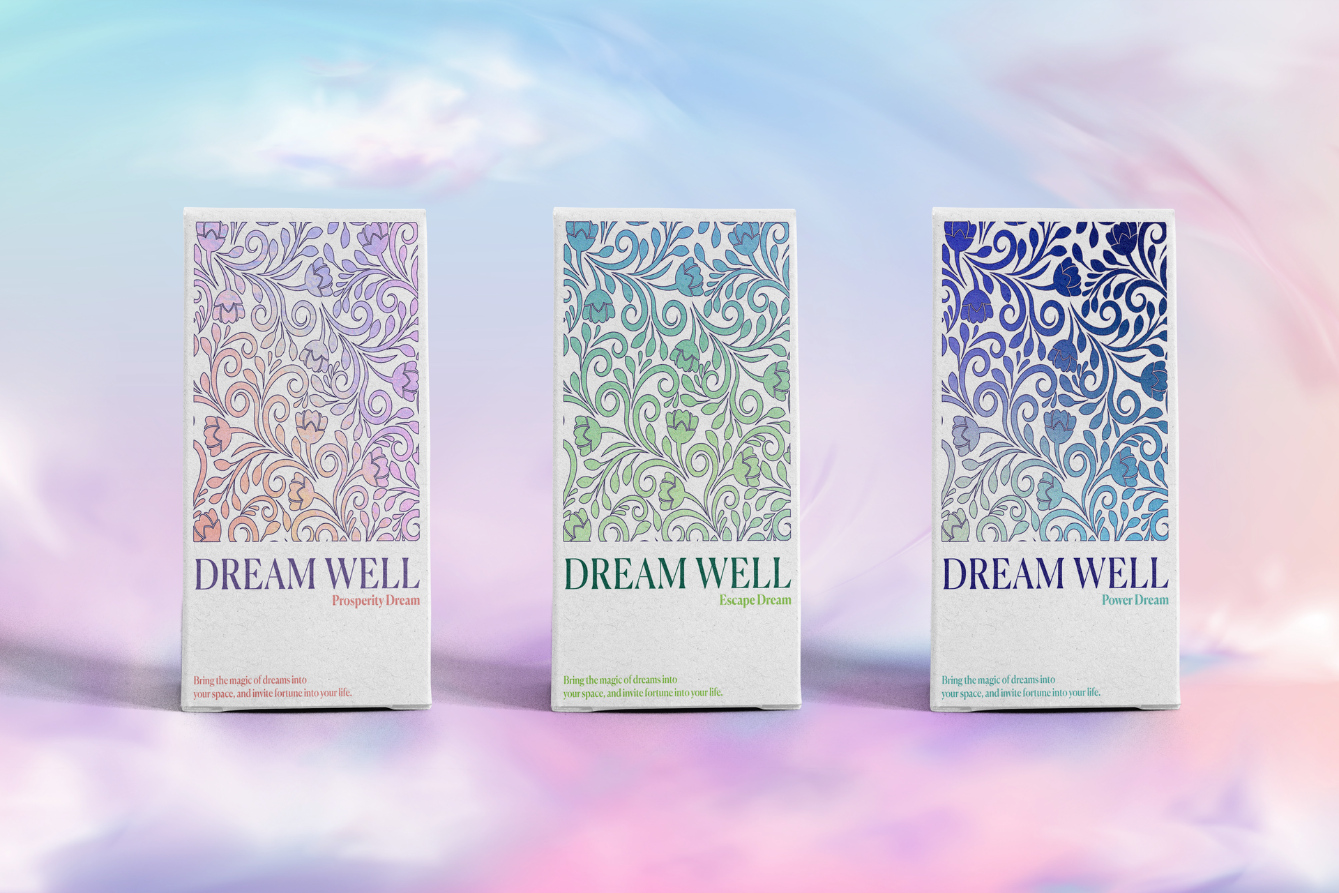 Vertical retail packaging mockups across dream variants